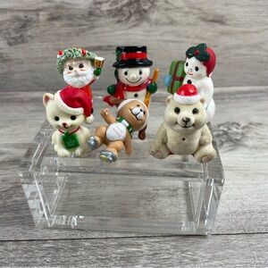 6 Vintage Miniature Christmas Figures Santa Claus Snowman Bear Cat Dog